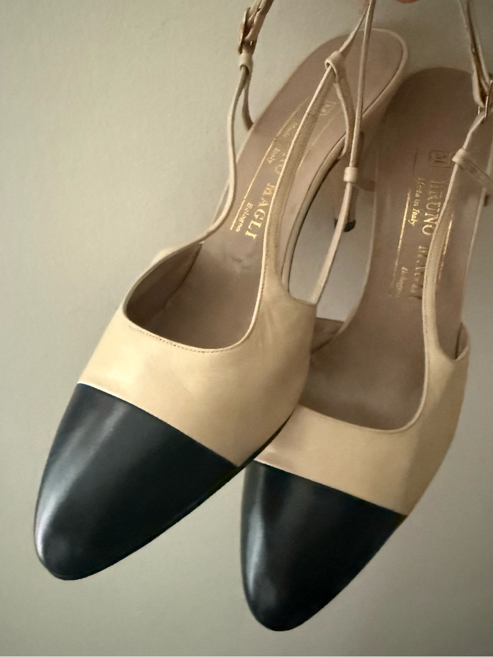 Bruno Magli Two-Tone Beige and Black Slingback Heels